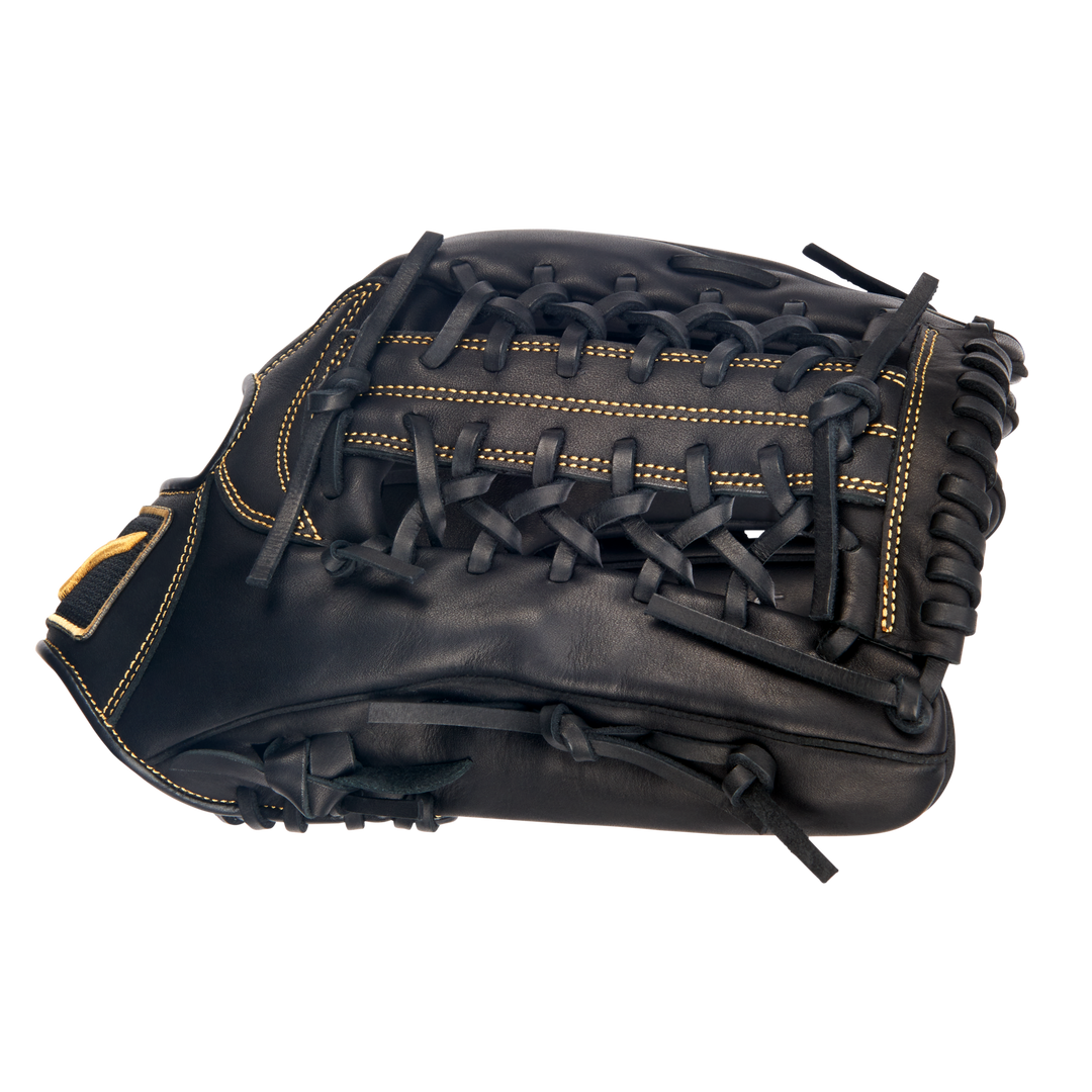 Mizuno GMVP1275P4 Black Almond Modified Trapeze Web close-up with contrast stitching