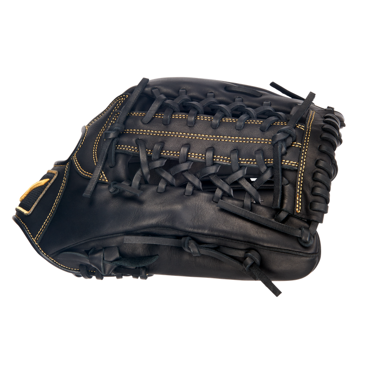 Mizuno GMVP1275P4 Black Almond Modified Trapeze Web close-up with contrast stitching
