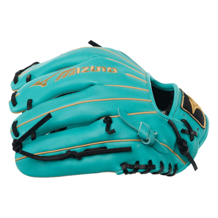 Mizuno GMVP1150P5 Turquoise Black Gold baseball glove finger backs and Gold Mizuno embroidery