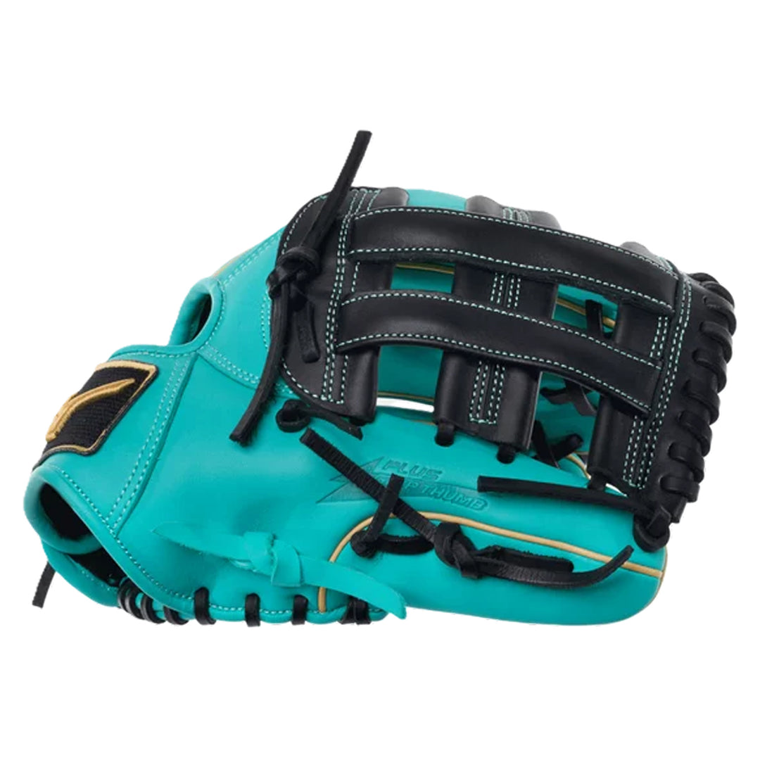 Mizuno GMVP1175P5 Turquoise Black Baseball Glove H-Web and Black leather lacing detail