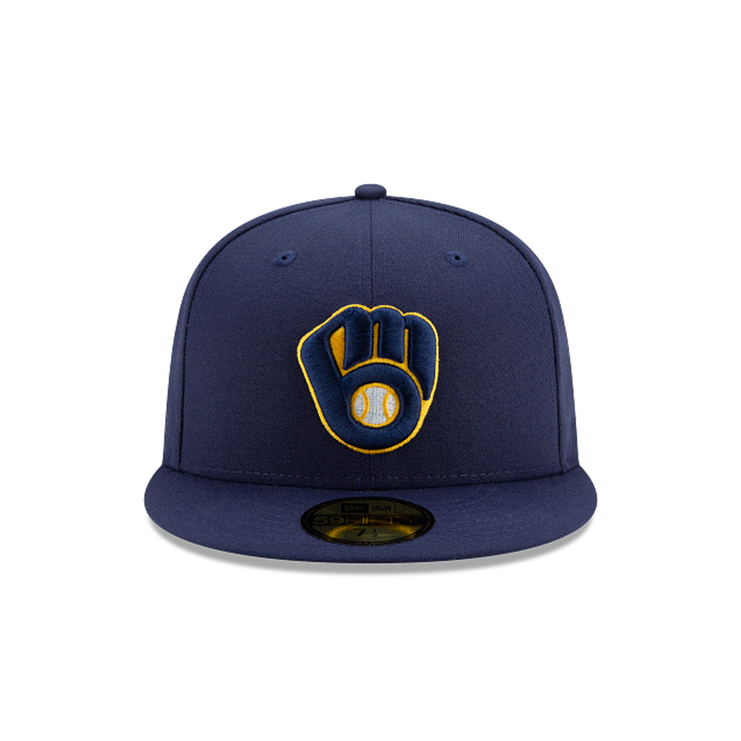 Milwaukee Brewers Navy Blue 59FIFTY Fitted Baseball Cap embroidered Ball and Glove logo