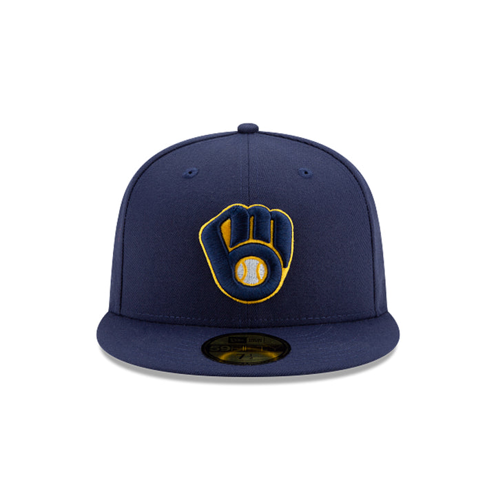 Milwaukee Brewers Navy Blue 59FIFTY Fitted Baseball Cap embroidered Ball and Glove logo