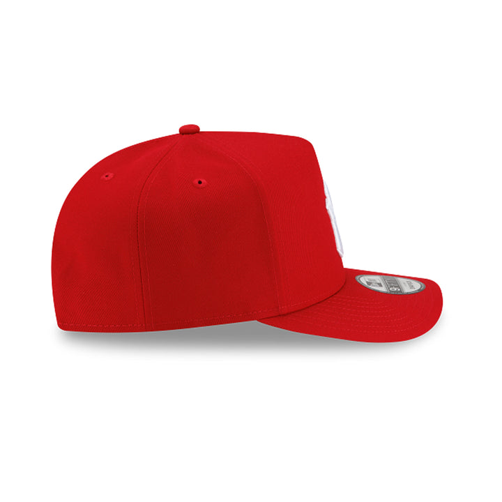 Side view of scarlet Yankees adjustable baseball cap