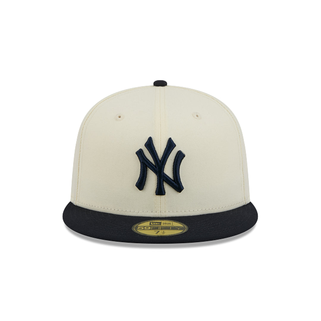 New York Yankees cream crown navy visor fitted cap front