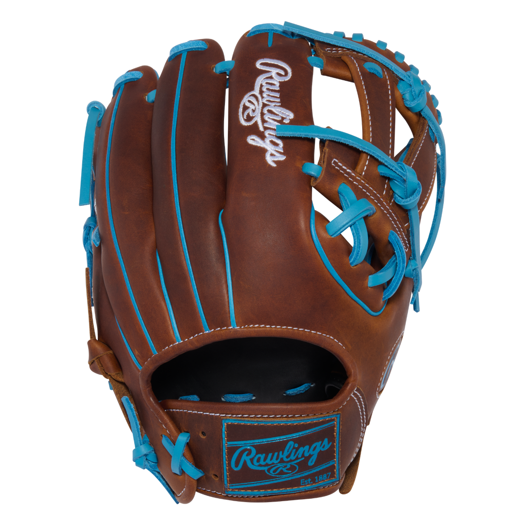 Rawlings Heart of the Hide brown leather infield glove back view with white Rawlings finger embroidery