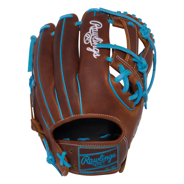 Rawlings Heart of the Hide brown leather infield glove back view with white Rawlings finger embroidery