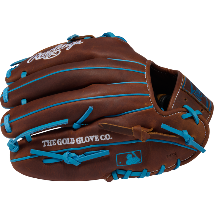 Rawlings PROR2174-7TI 11.5-inch infield glove side view showing turquoise piping and leather lacing