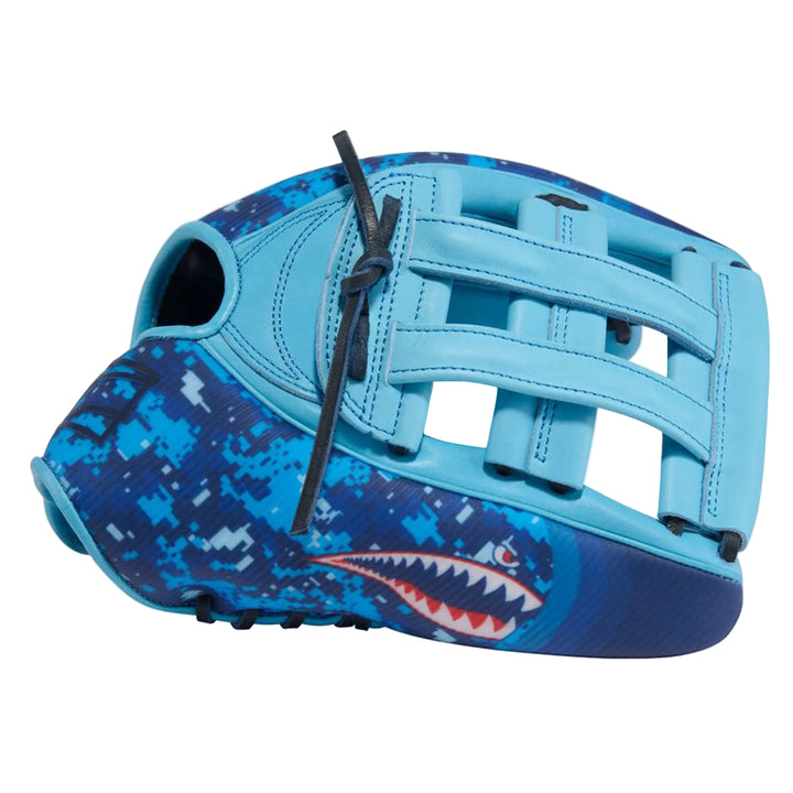 Rawlings REV1X Pro H-Web outfield glove side view with shark graphic