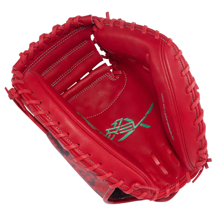 Rawlings red REV1X catcher glove interior receiving surface