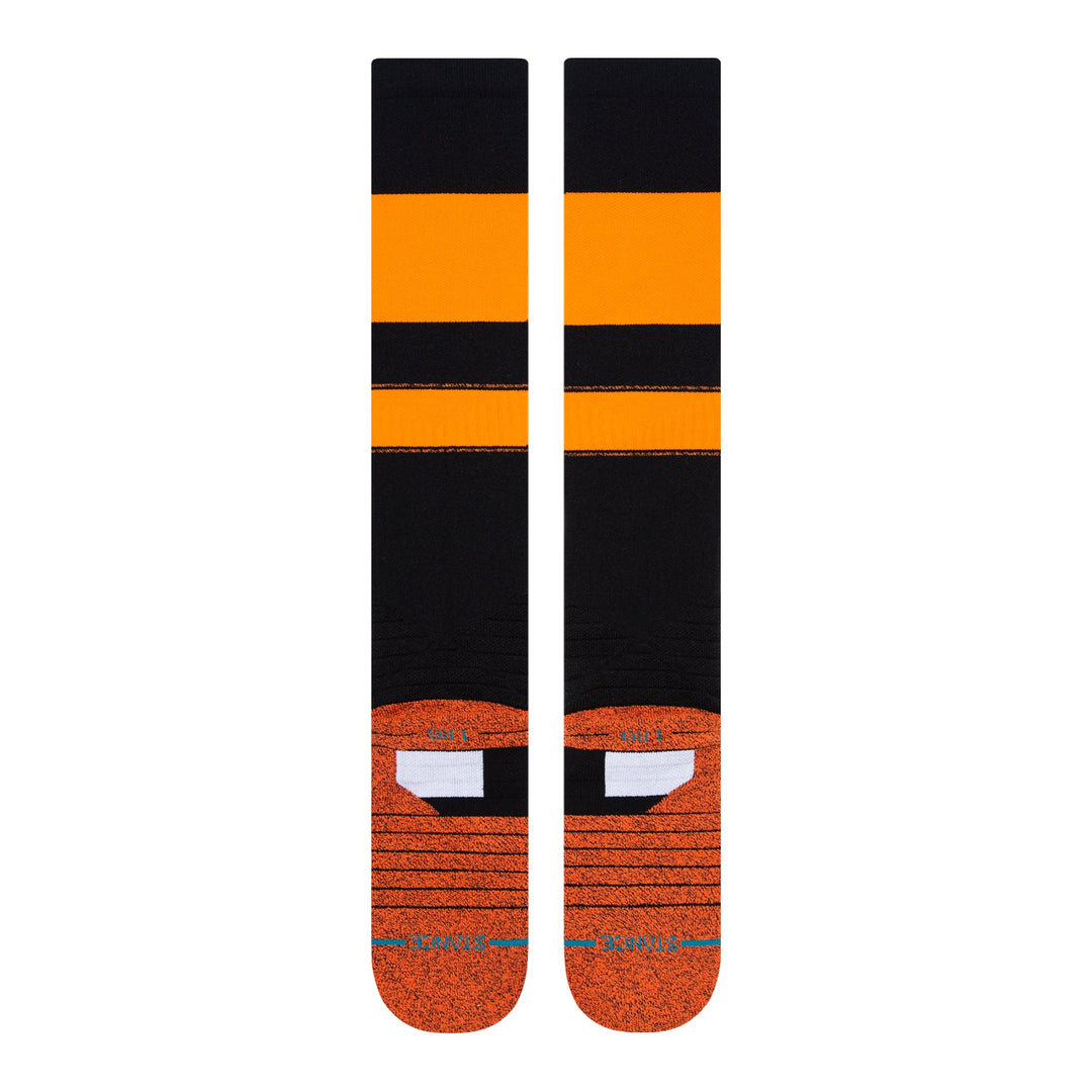 Stance Stripes OTC 2023 black and orange baseball socks rear view