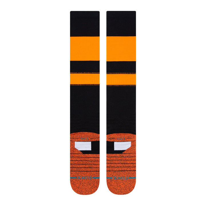 Stance Stripes OTC 2023 black and orange baseball socks rear view