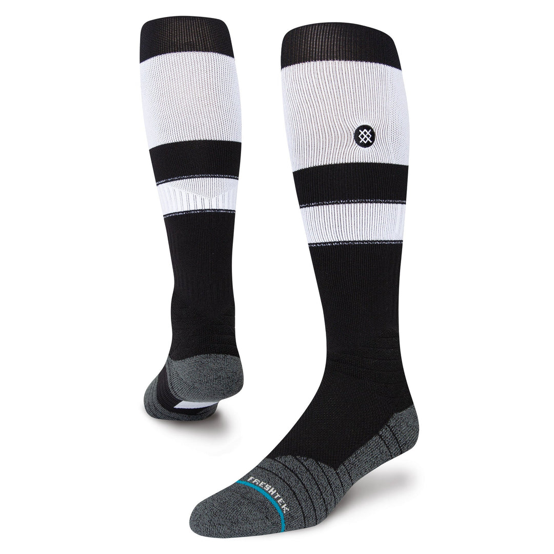 Stance Stripes OTC 2023 black and white baseball socks angled view