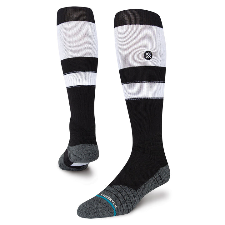 Stance Stripes OTC 2023 black and white baseball socks angled view