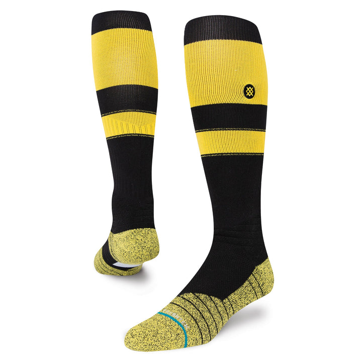 Stance Stripes OTC 2023 black and yellow baseball socks angled view