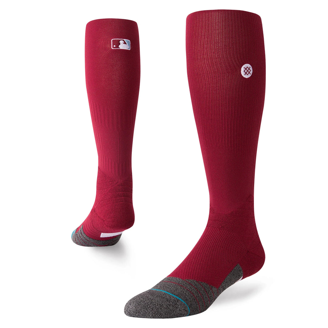 Stance Stripes OTC 2023 maroon baseball socks angled view