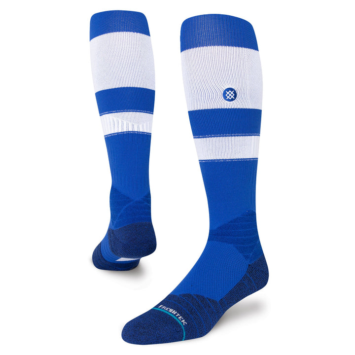 Stance Stripes OTC 2023 white and blue baseball socks angled view