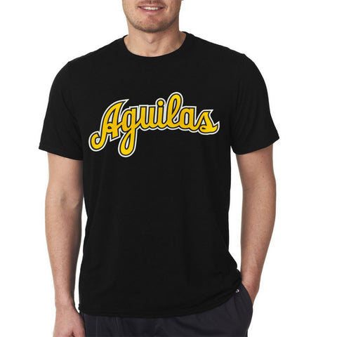 Aguilas Black T-Shirts with YELLOW-WHITE cursive letters