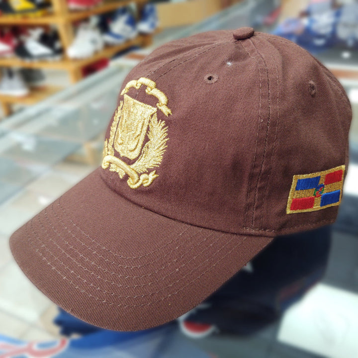 Escudo Republica Dominicana - Dominican Shield Brown / Metallic Gold Color Dad Hat1