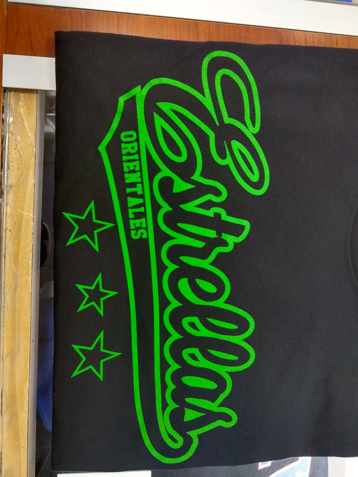 Estrellas Orientales black letter-green-border T-Shirts