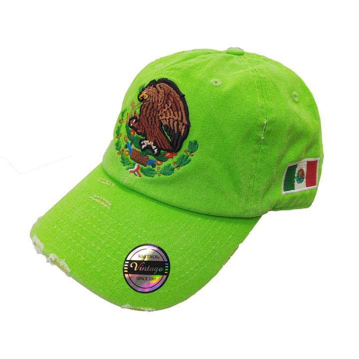 Mexico Vintage Hats With Mexican Flag and Shield Neon Green Hat