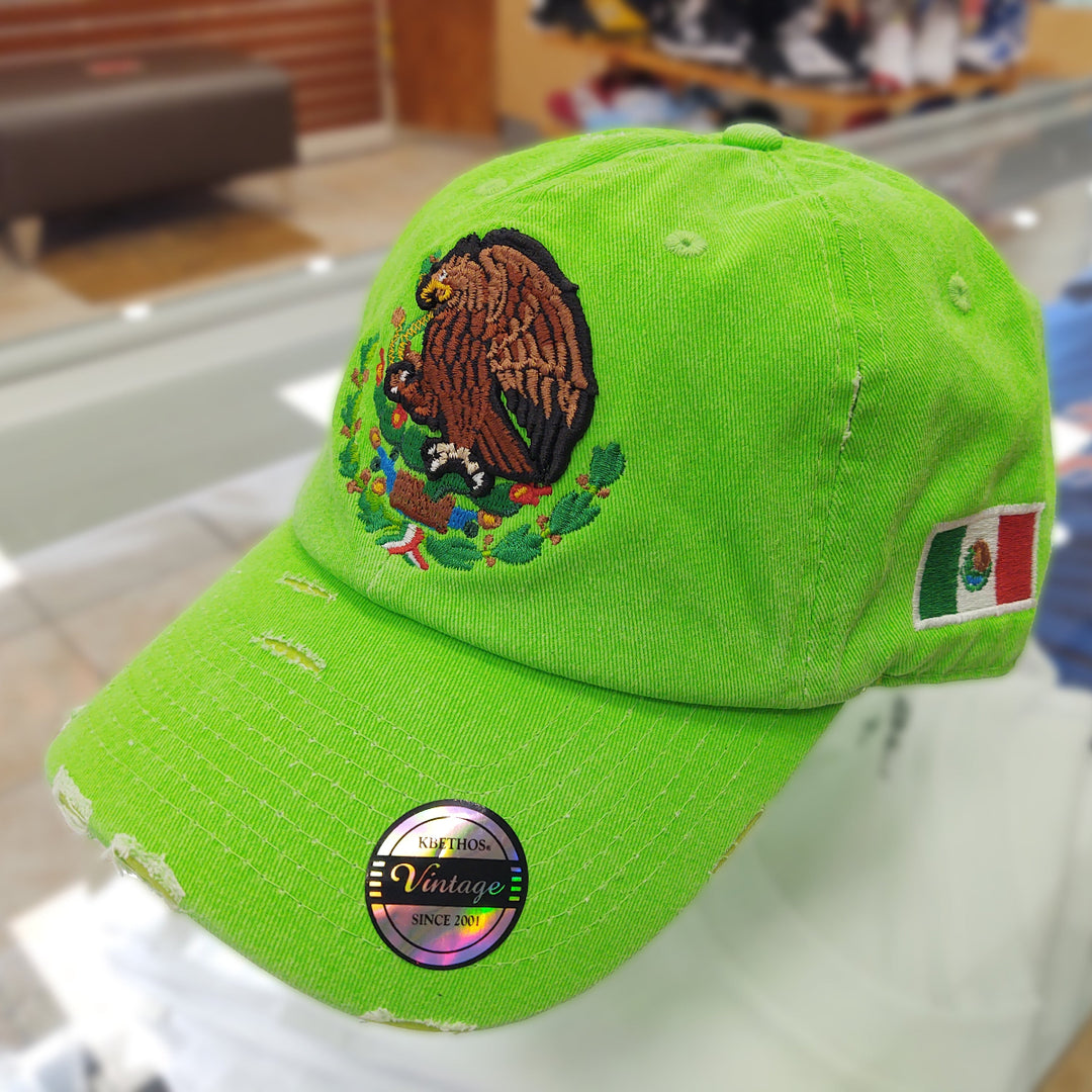Mexico Vintage Hats With Mexican Flag and Shield Neon Green Hat1