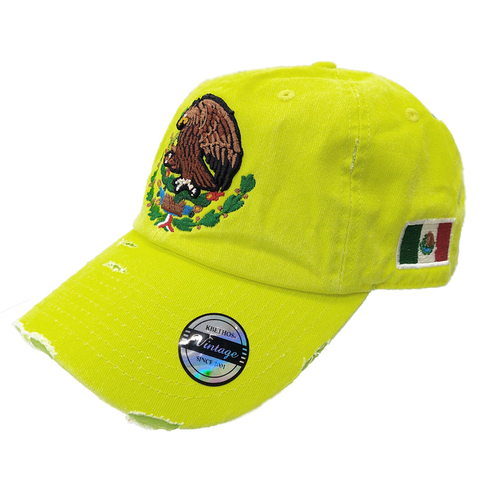 Mexico Vintage Hats With Mexican Flag and Shield Neon Lime Hat