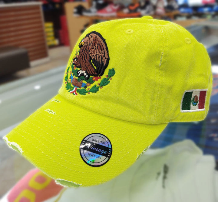 Mexico Vintage Hats With Mexican Flag and Shield Neon Lime Hat1