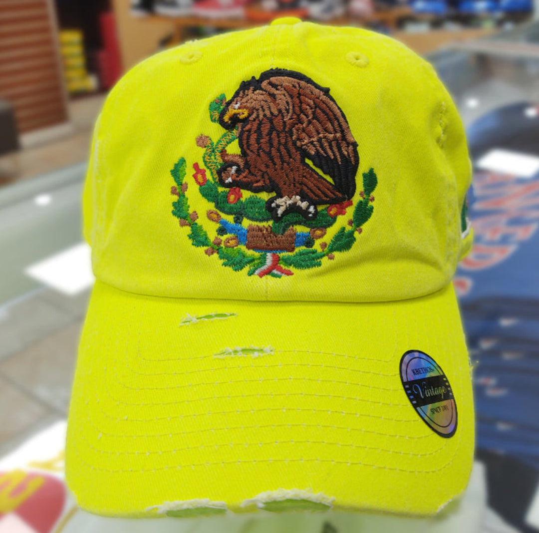 Mexico Vintage Hats With Mexican Flag and Shield Neon Lime Hat2