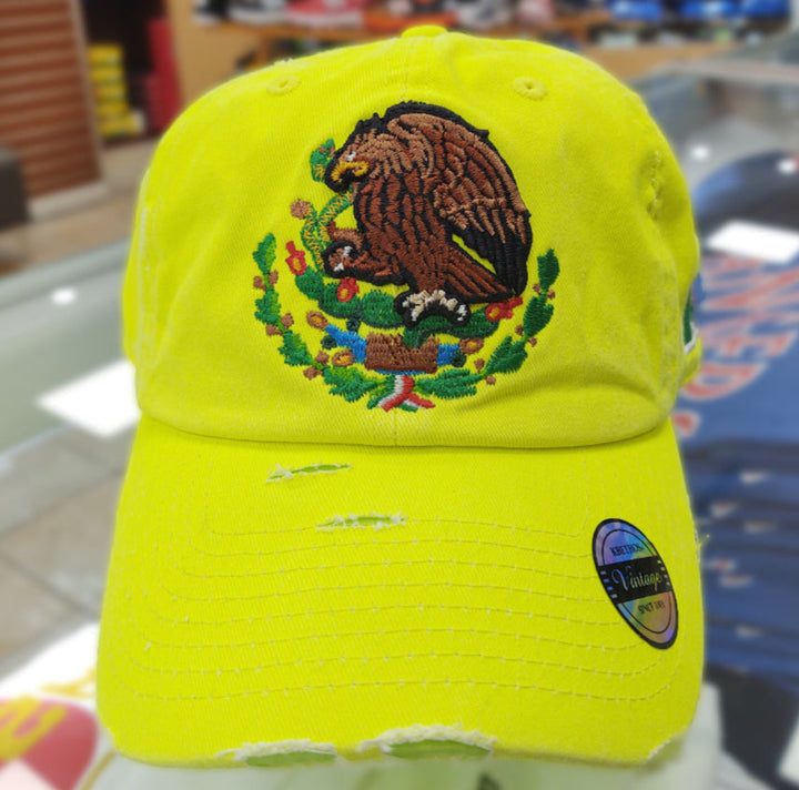 Mexico Vintage Hats With Mexican Flag and Shield Neon Lime Hat2